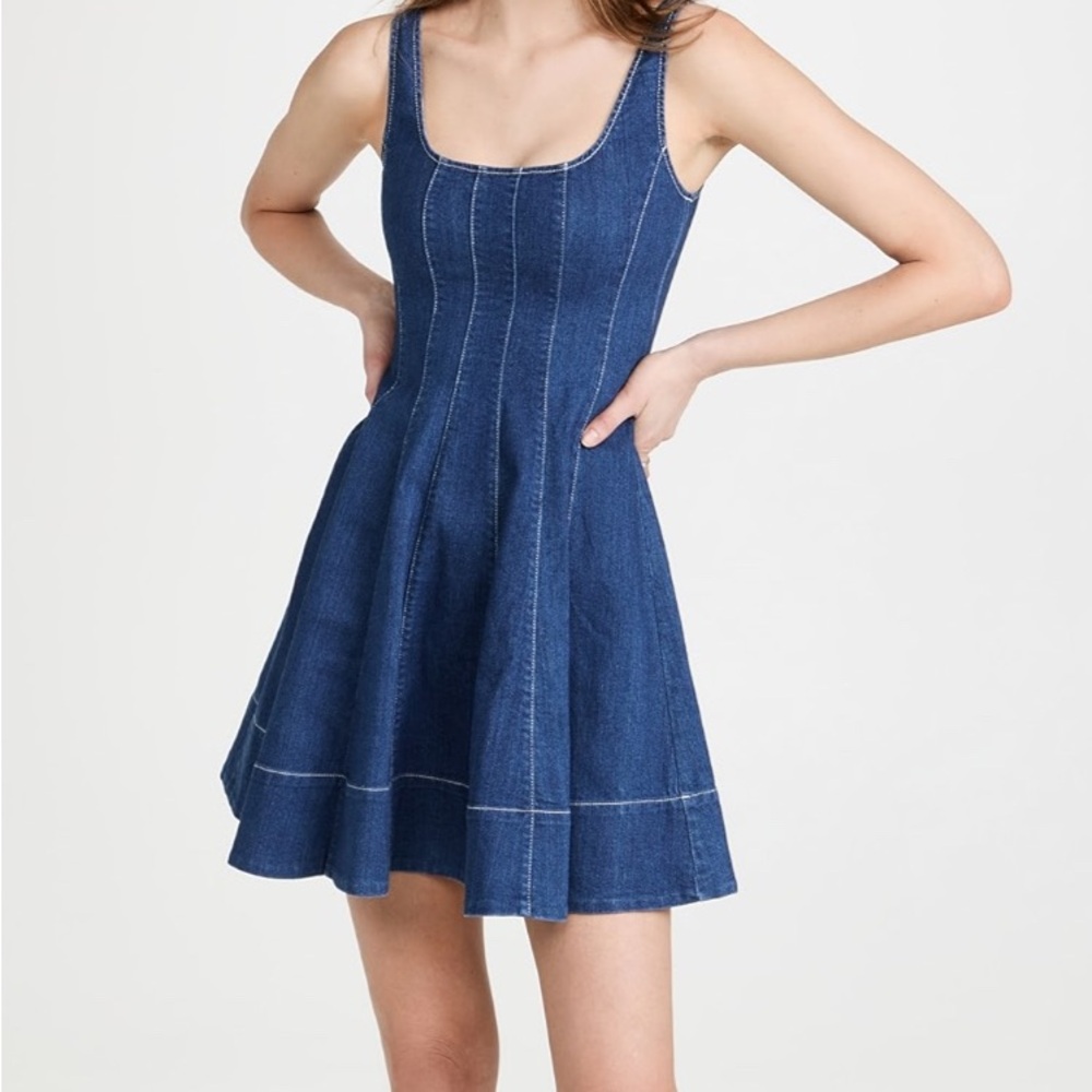 STAUD Blue Denim Fit-and-Flare Mini Dress